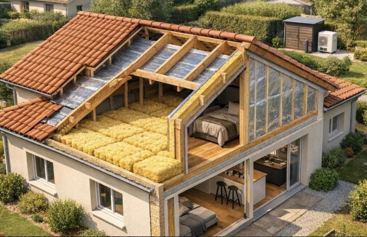 Vue en coupe d'une maison : combles isolés et pompe à chaleur